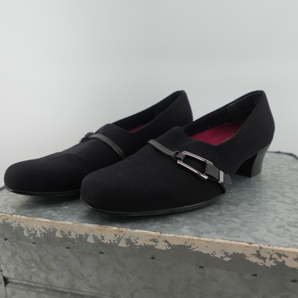 Munro American Womens 7.5 Cindi Black‎ Fabric Low Block Heel Buckle Pumps 7857